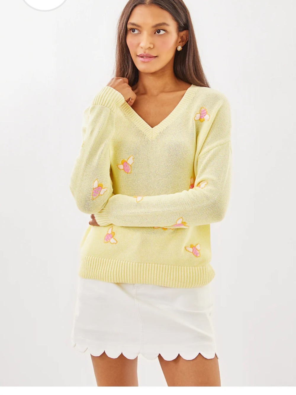 Lilly Pulitzer TENSLEY SWEATER,HEATHERED LEMON CHIFFON BEE EMBROIDERY Small